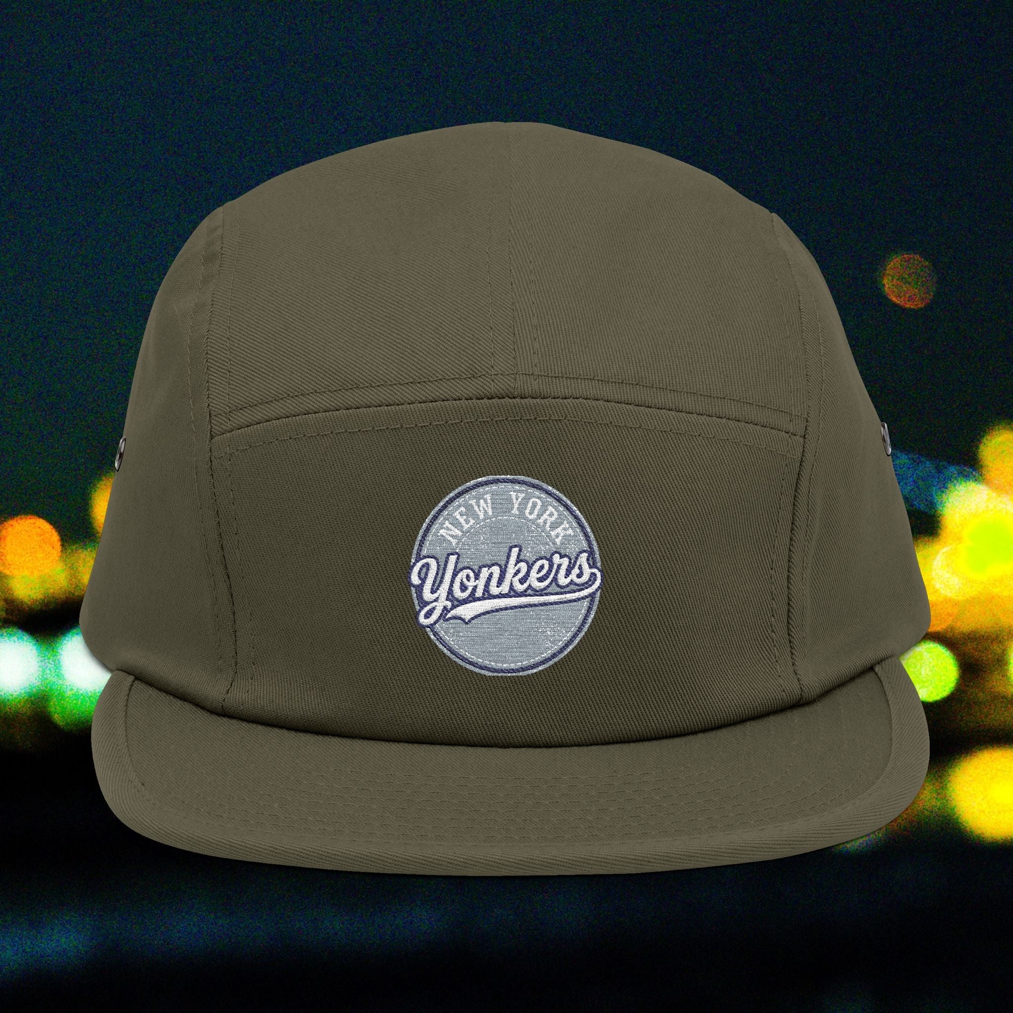 Yonkers Embroidered 5-Panel Cap — Vintage City Patch, Adjustable Khaki