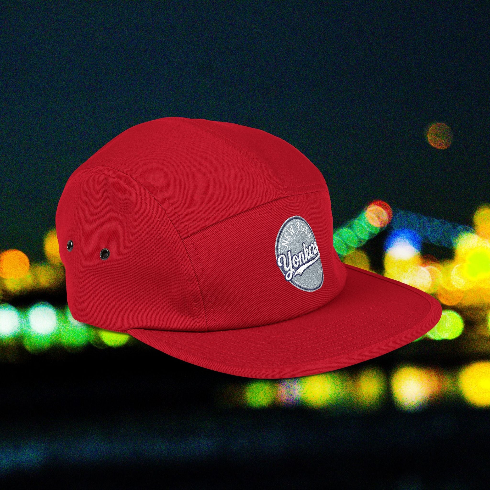 Yonkers Embroidered 5-Panel Cap — Vintage City Patch, Adjustable Khaki