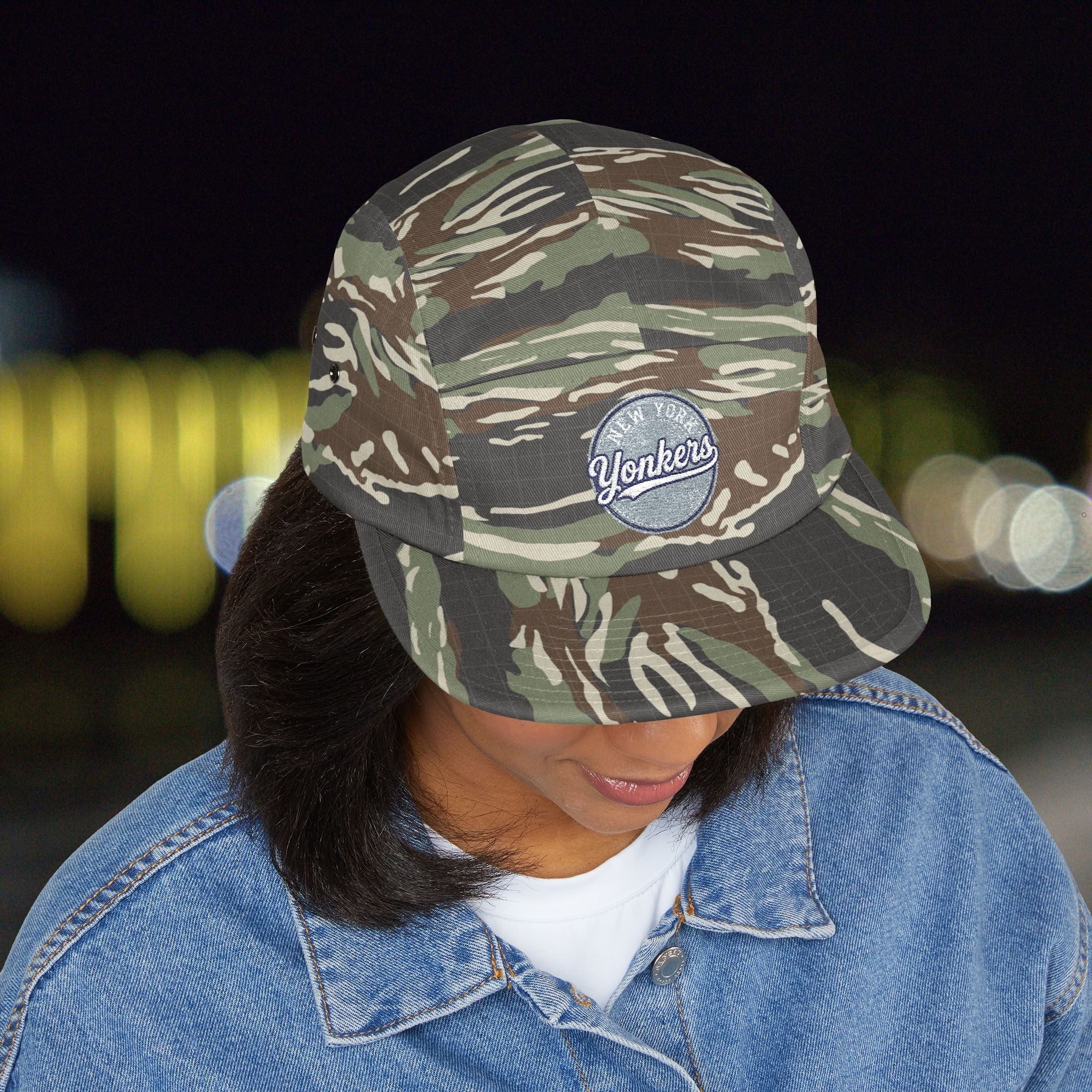 Yonkers Embroidered 5-Panel Cap — Vintage City Patch, Adjustable Khaki