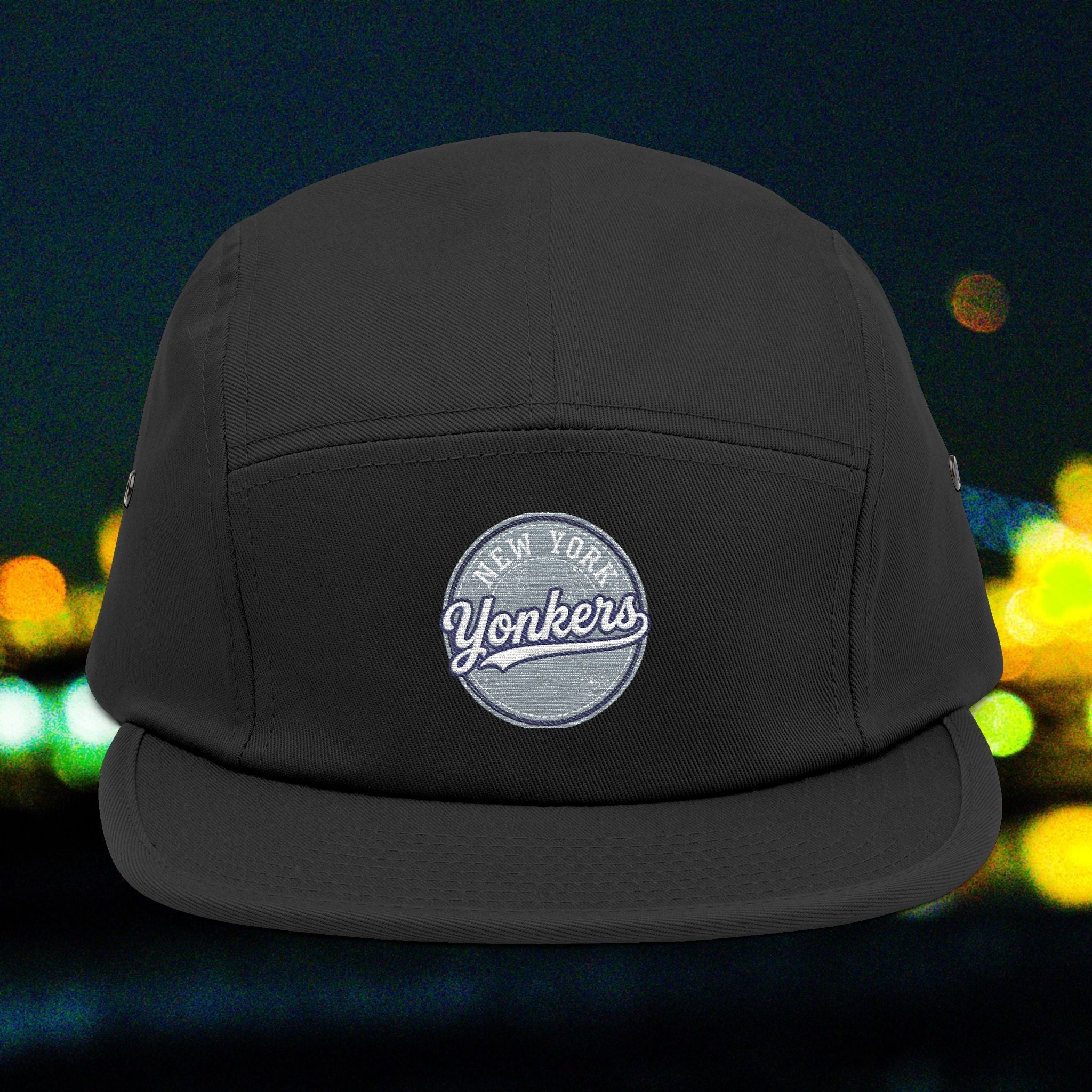 Yonkers Embroidered 5-Panel Cap — Vintage City Patch, Adjustable Khaki