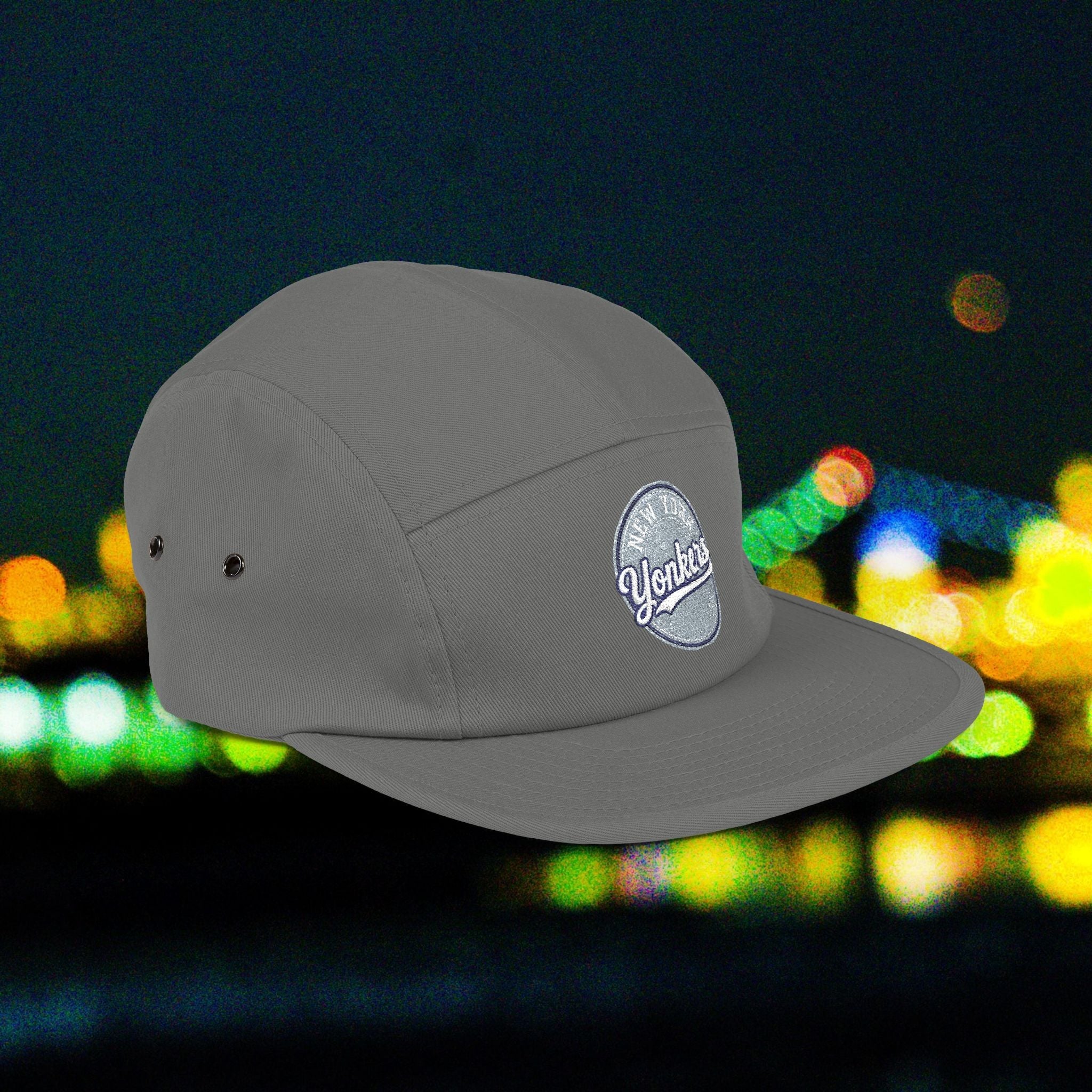 Yonkers Embroidered 5-Panel Cap — Vintage City Patch, Adjustable Khaki