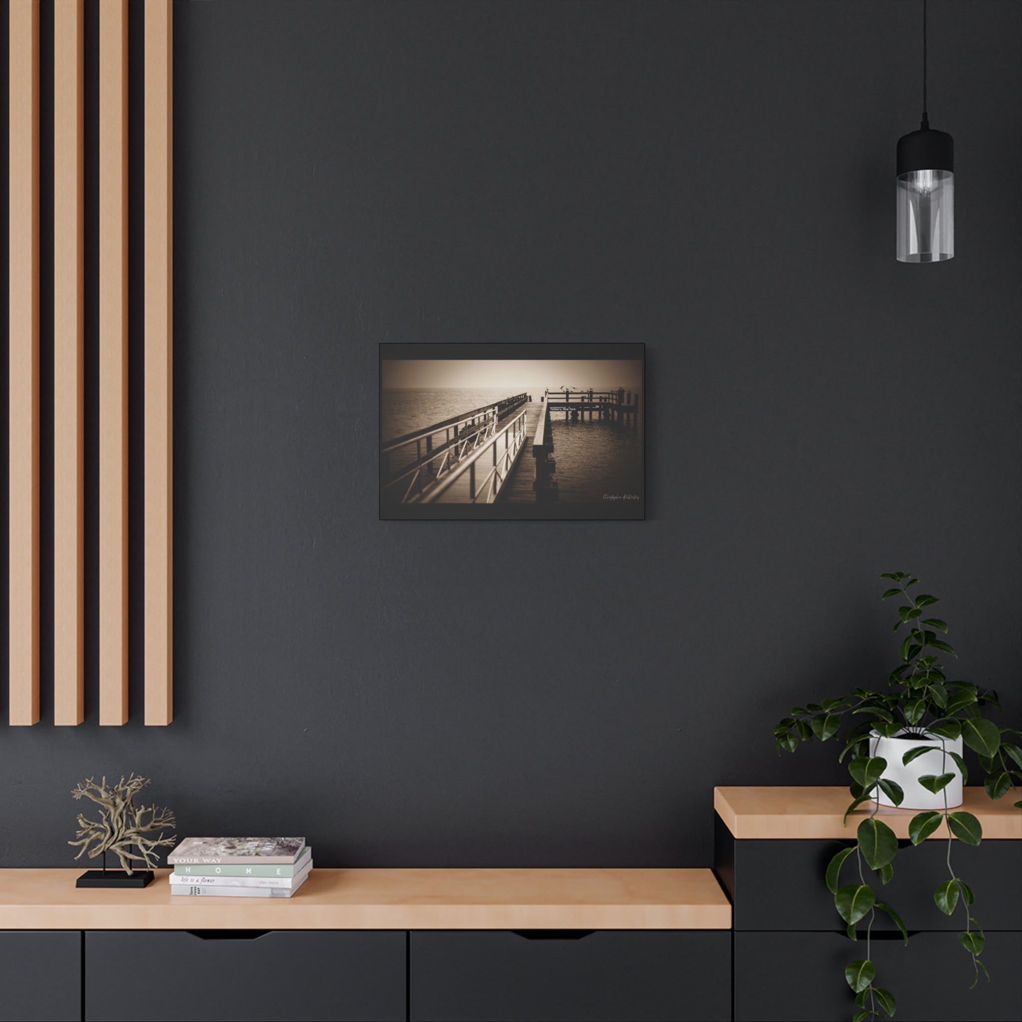 Tranquil dock leads toward a dramatic foggy horizon,  moody yet peaceful atmosphere.