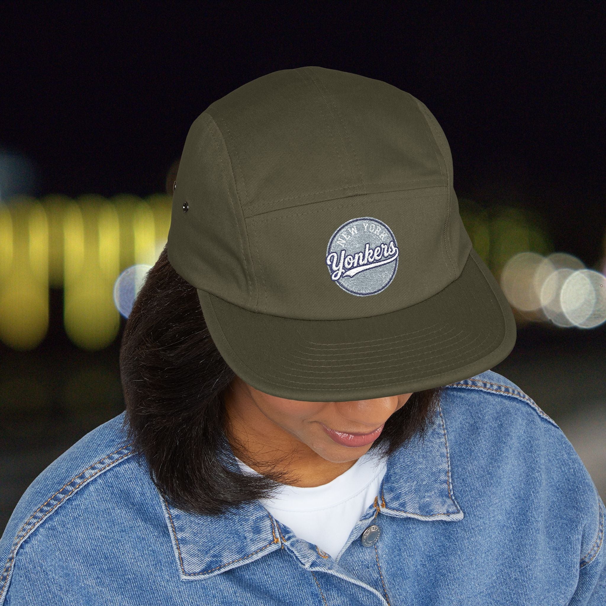 Yonkers Embroidered 5-Panel Cap — Vintage City Patch, Adjustable Khaki