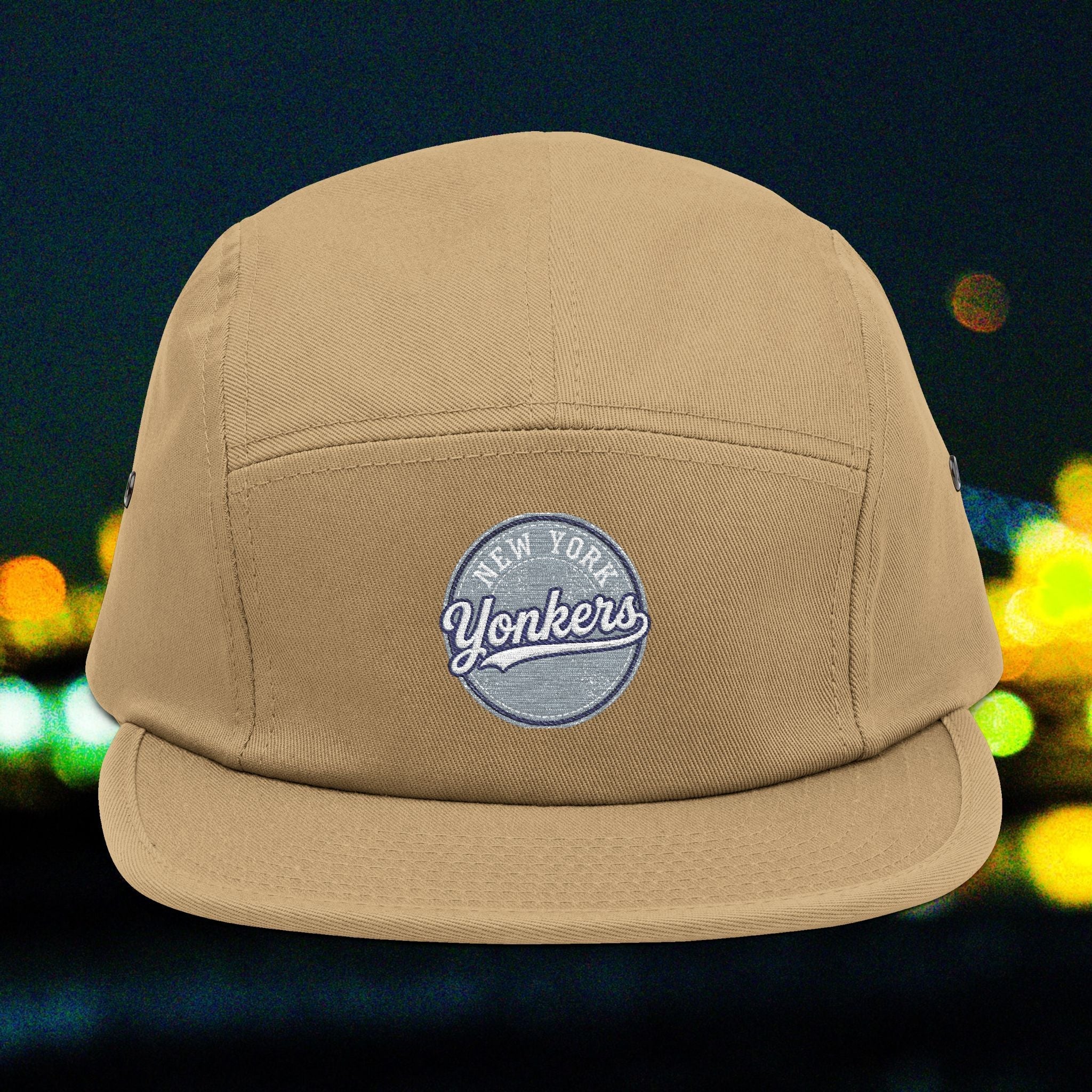 Yonkers Embroidered 5-Panel Cap — Vintage City Patch, Adjustable Khaki