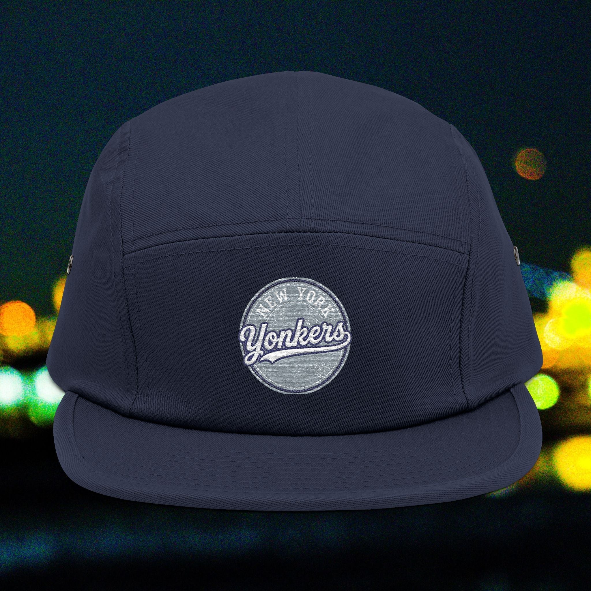 Yonkers Embroidered 5-Panel Cap — Vintage City Patch, Adjustable Khaki