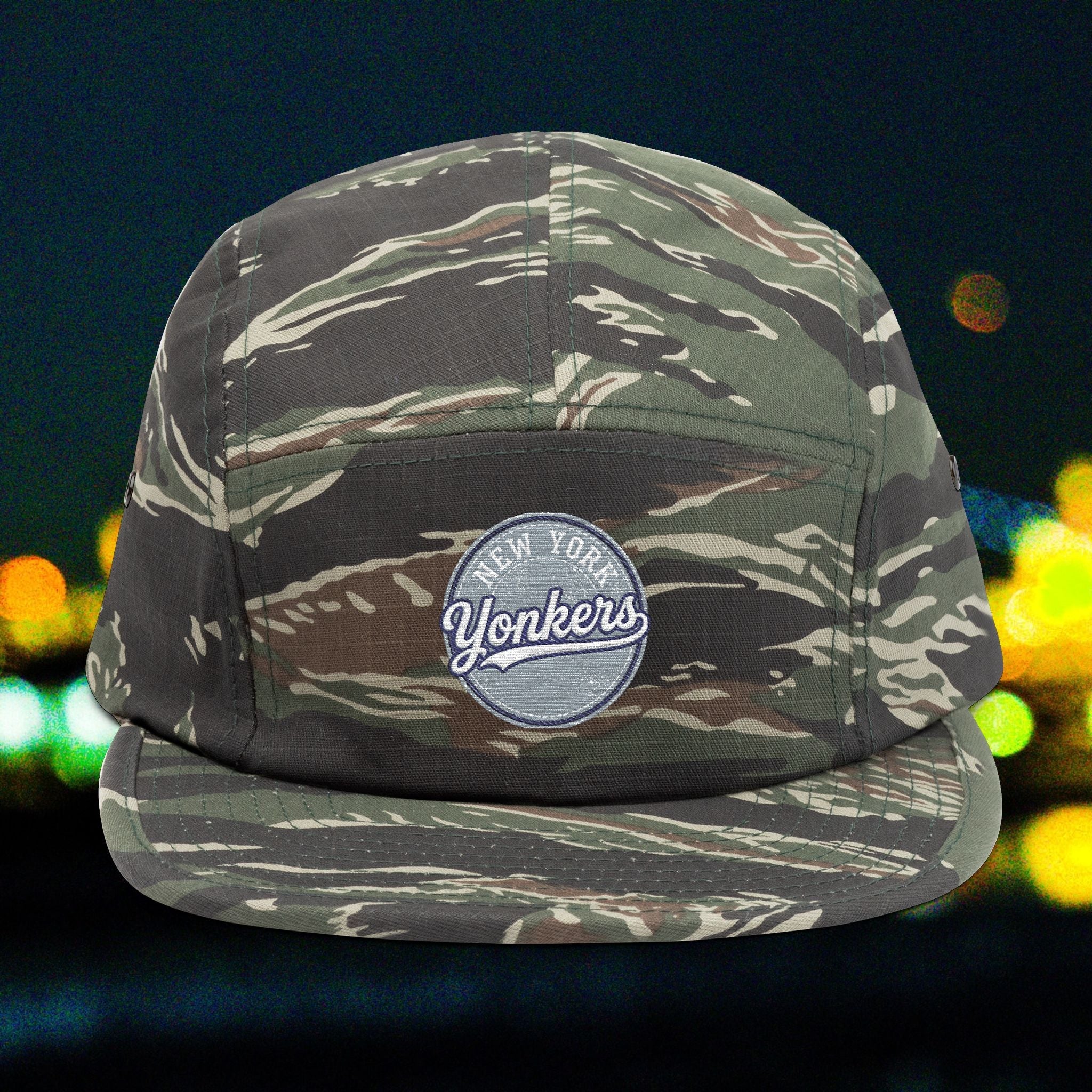 Yonkers Embroidered 5-Panel Cap — Vintage City Patch, Adjustable Khaki