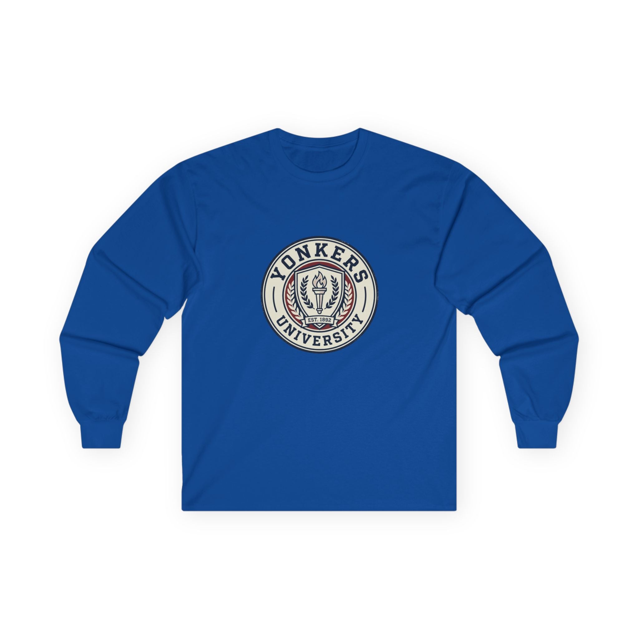 Yonkers University Seal long sleeve cotton tee | Vintage collegiate crest, All cotton