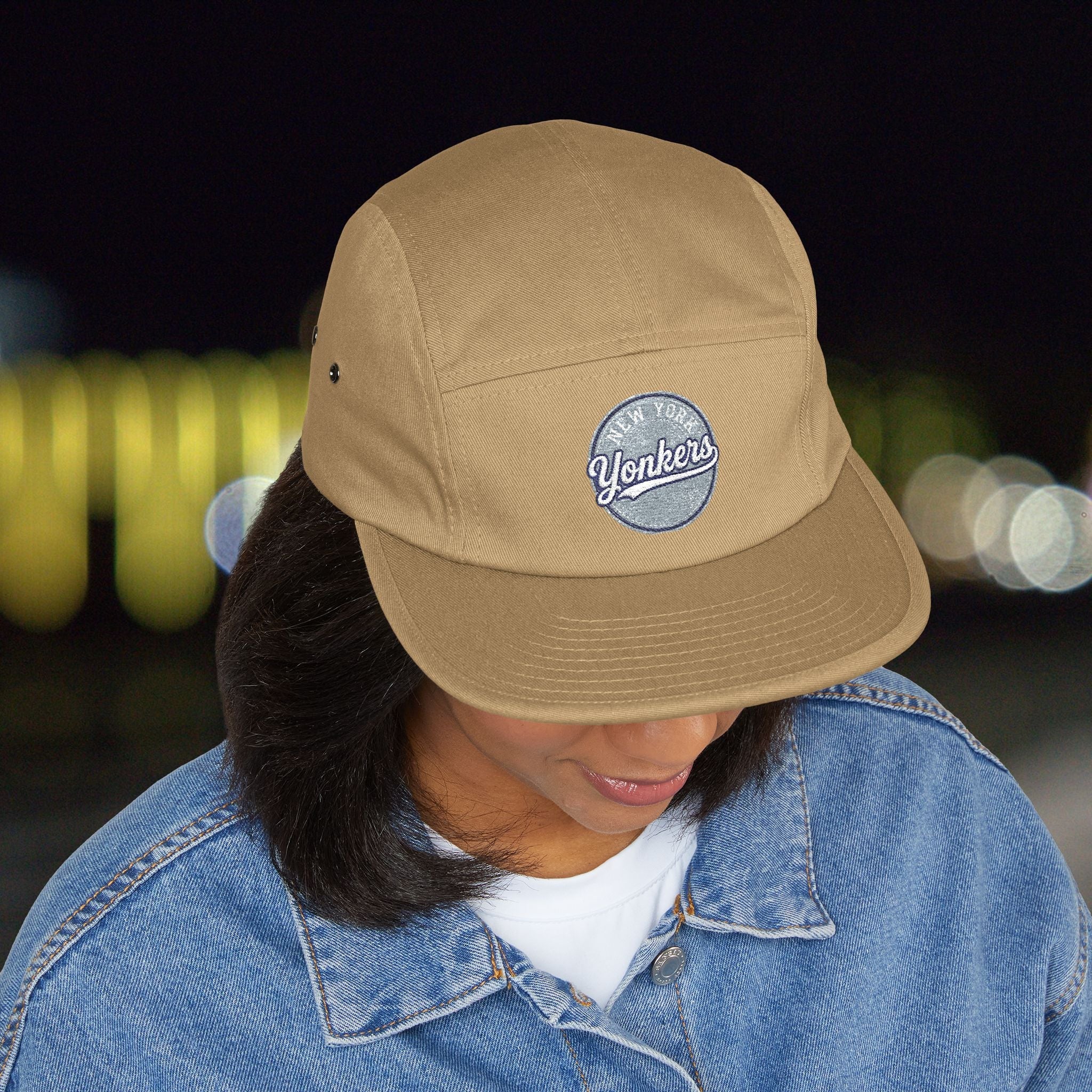 Yonkers Embroidered 5-Panel Cap — Vintage City Patch, Adjustable Khaki