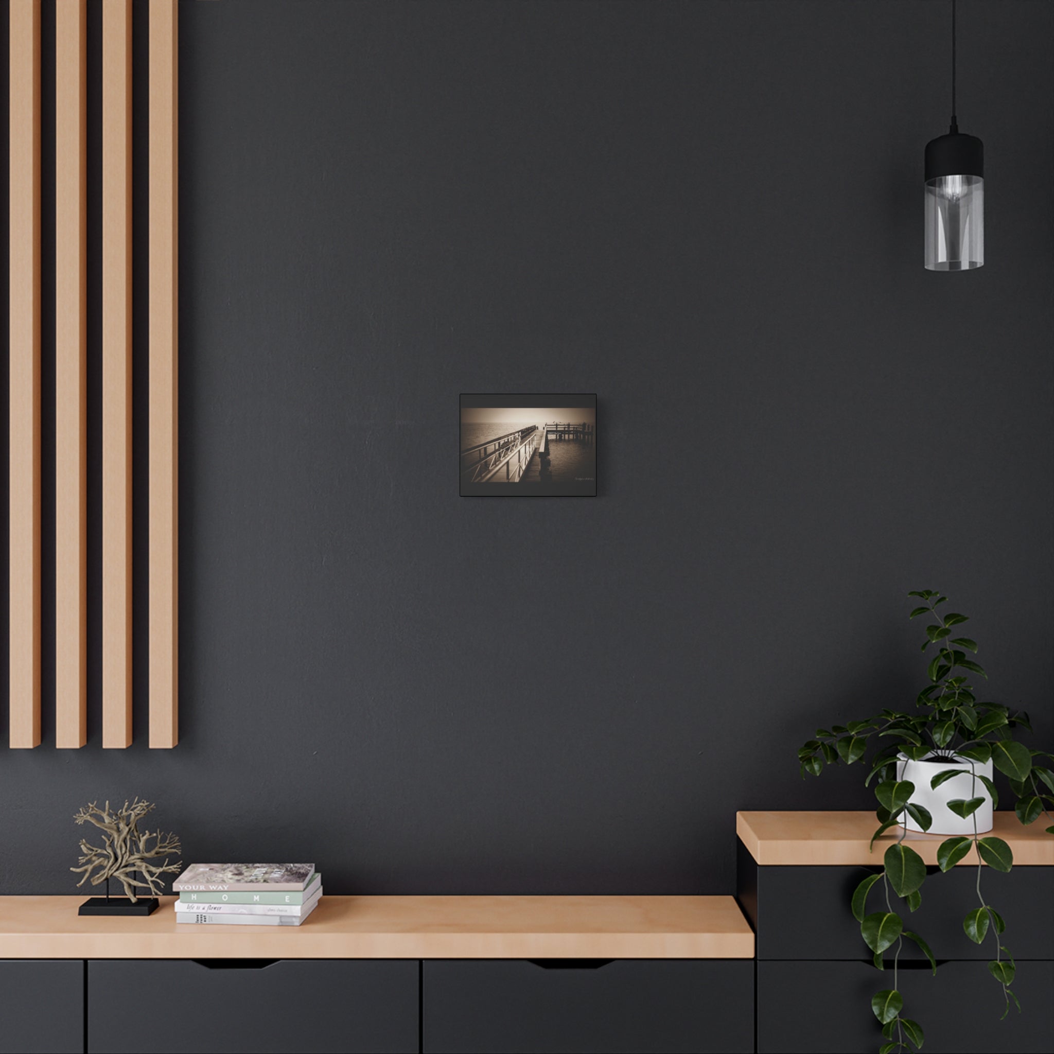 Tranquil dock leads toward a dramatic foggy horizon,  moody yet peaceful atmosphere.