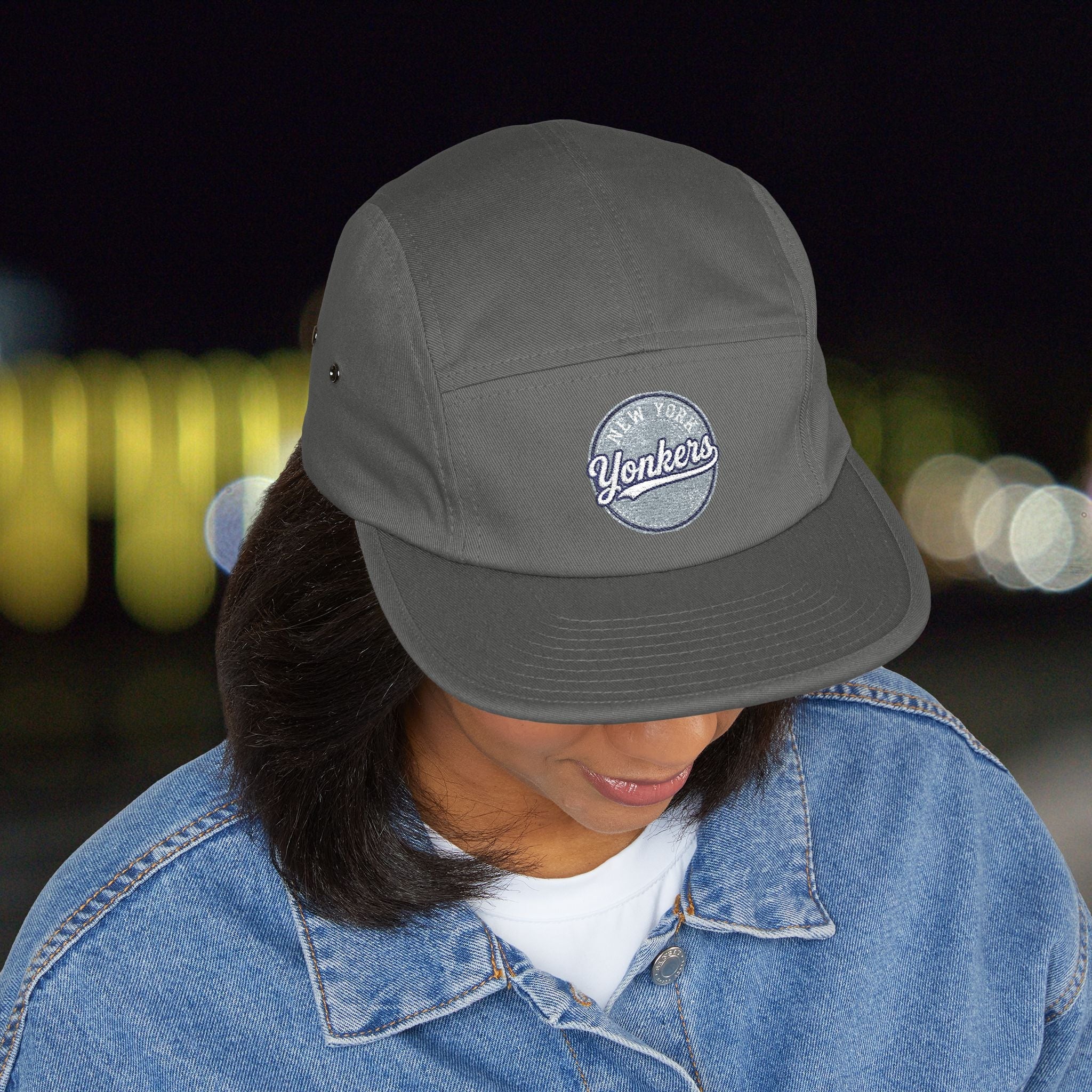 Yonkers Embroidered 5-Panel Cap — Vintage City Patch, Adjustable Khaki