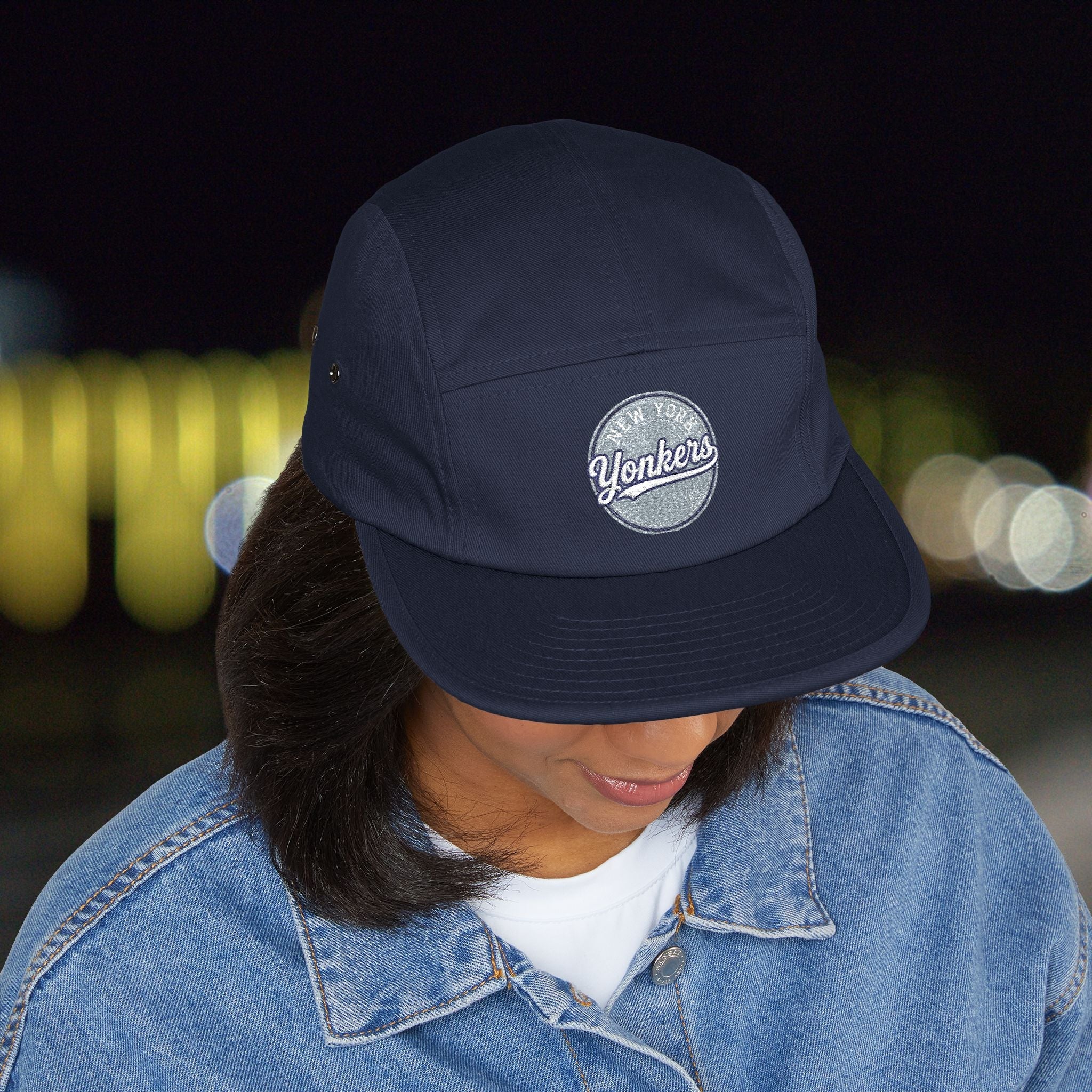 Yonkers Embroidered 5-Panel Cap — Vintage City Patch, Adjustable Khaki