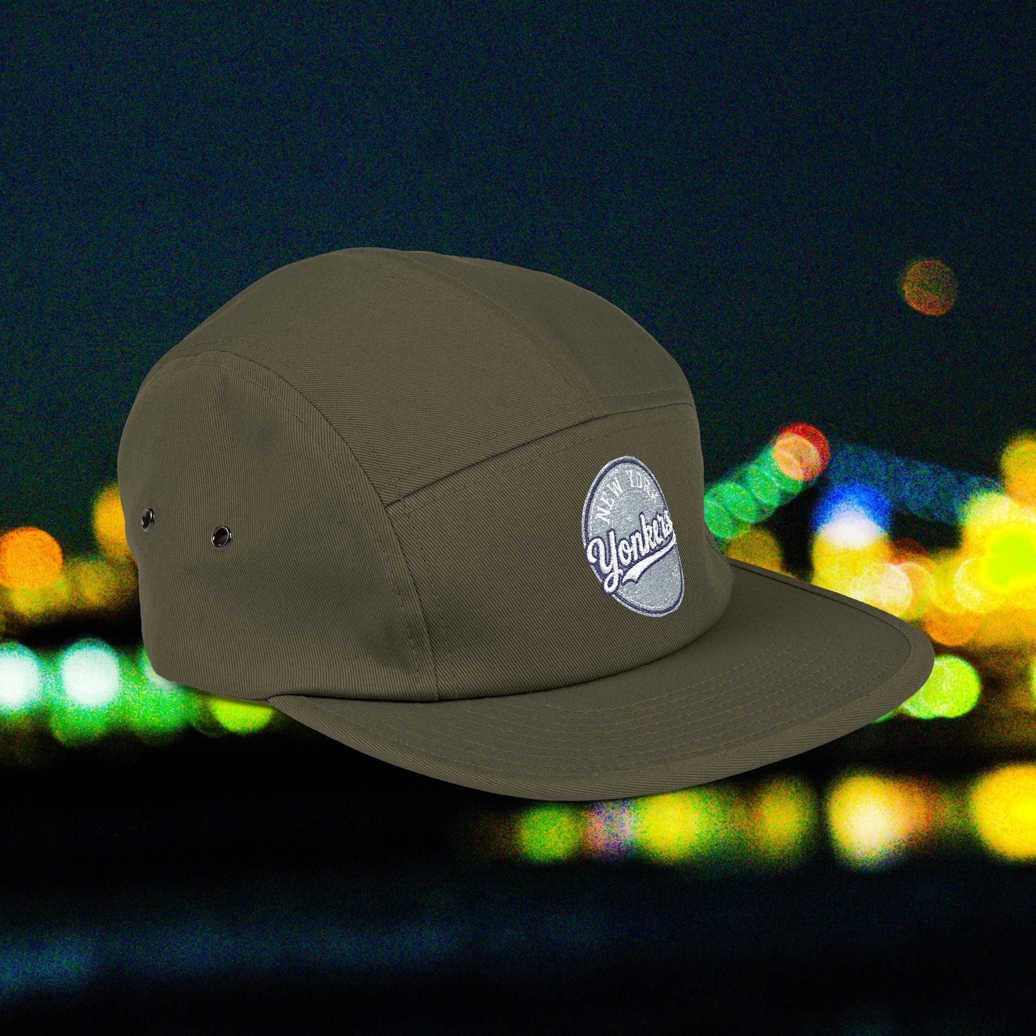 Yonkers Embroidered 5-Panel Cap — Vintage City Patch, Adjustable Khaki