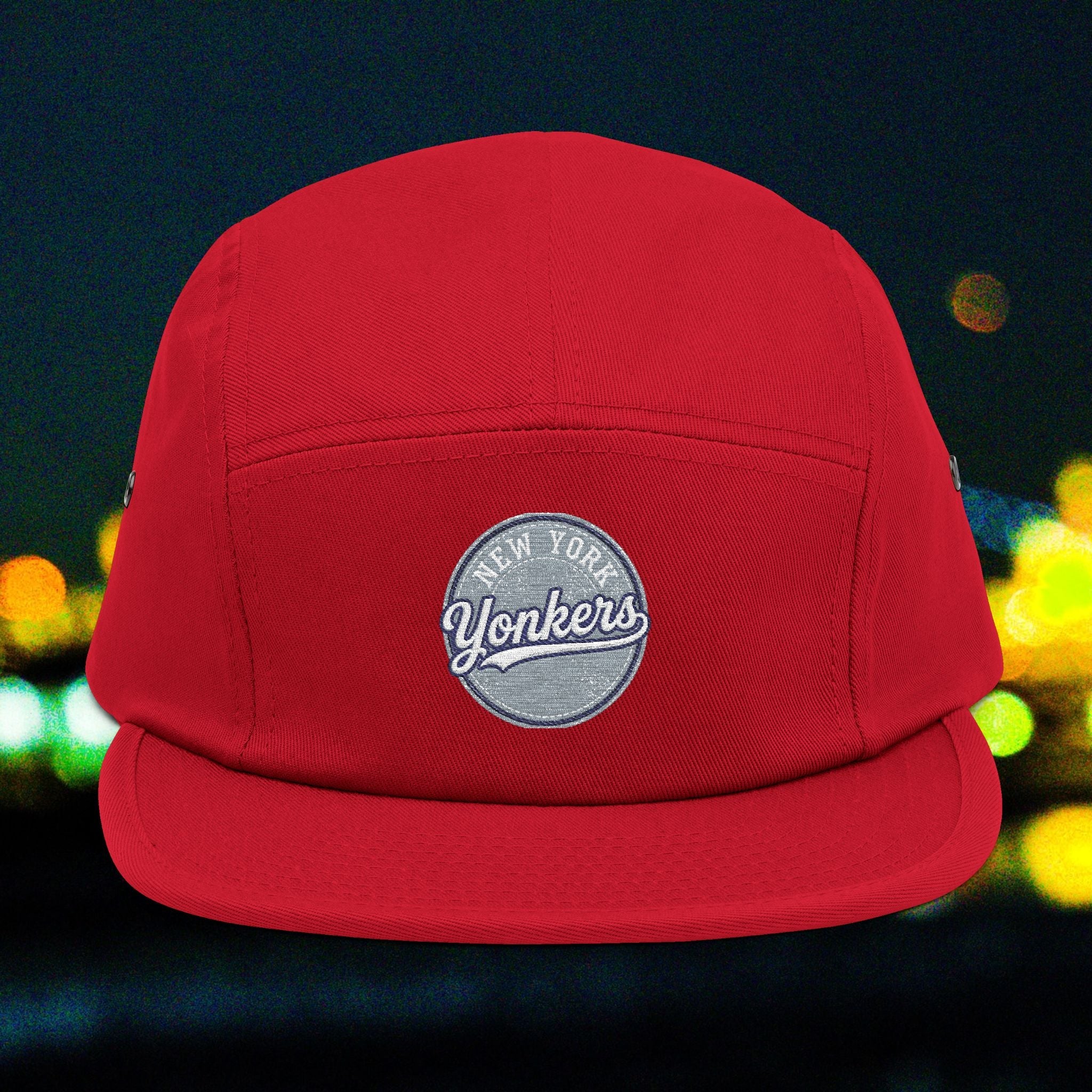 Yonkers Embroidered 5-Panel Cap — Vintage City Patch, Adjustable Khaki