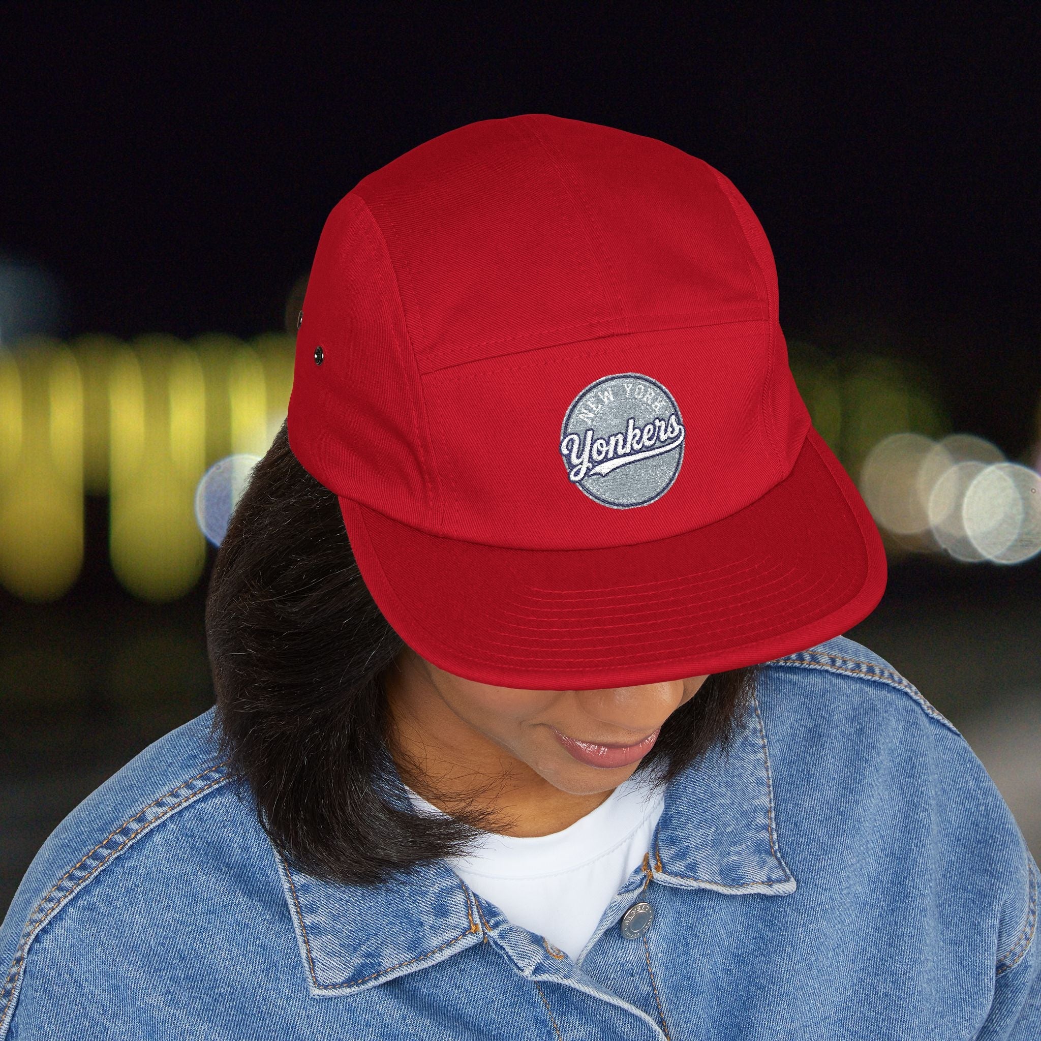 Yonkers Embroidered 5-Panel Cap — Vintage City Patch, Adjustable Khaki