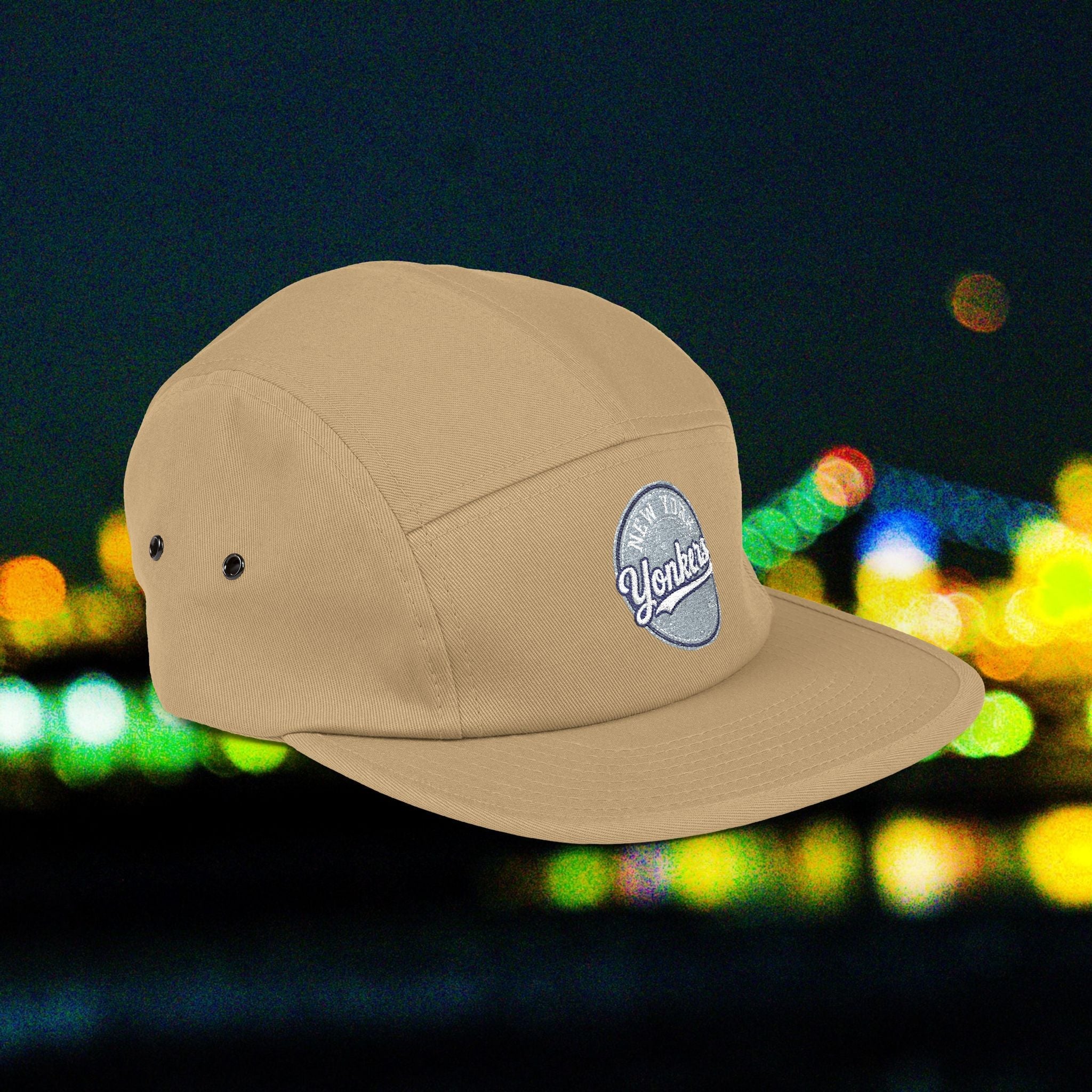 Yonkers Embroidered 5-Panel Cap — Vintage City Patch, Adjustable Khaki