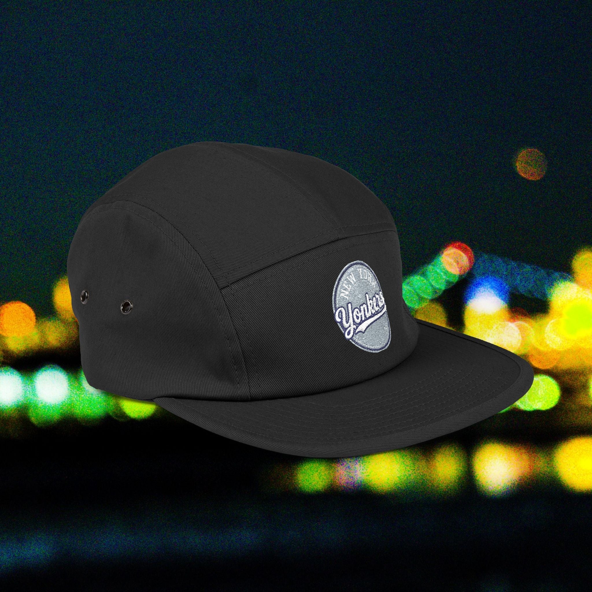 Yonkers Embroidered 5-Panel Cap — Vintage City Patch, Adjustable Khaki