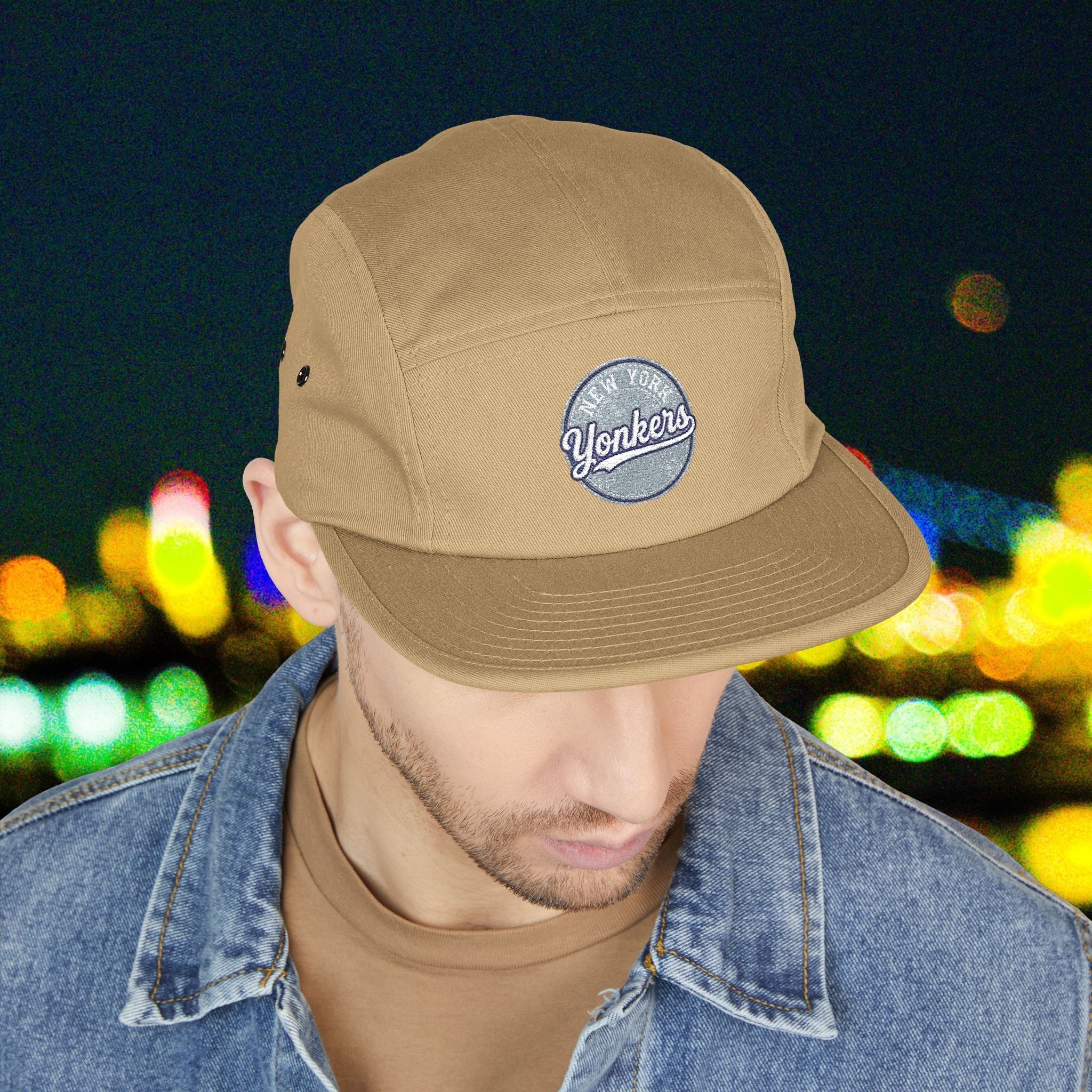 Yonkers Embroidered 5-Panel Cap — Vintage City Patch, Adjustable Khaki