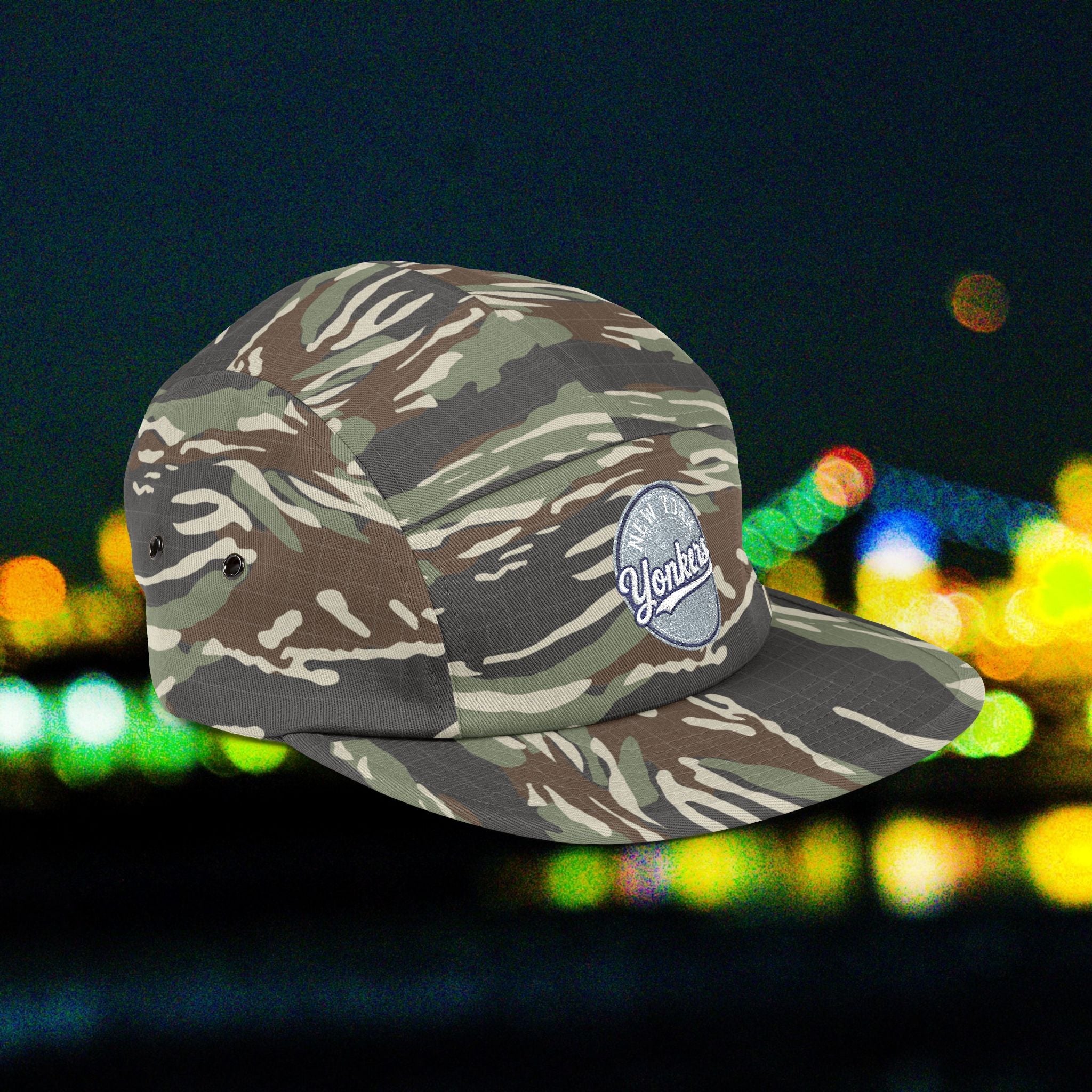 Yonkers Embroidered 5-Panel Cap — Vintage City Patch, Adjustable Khaki