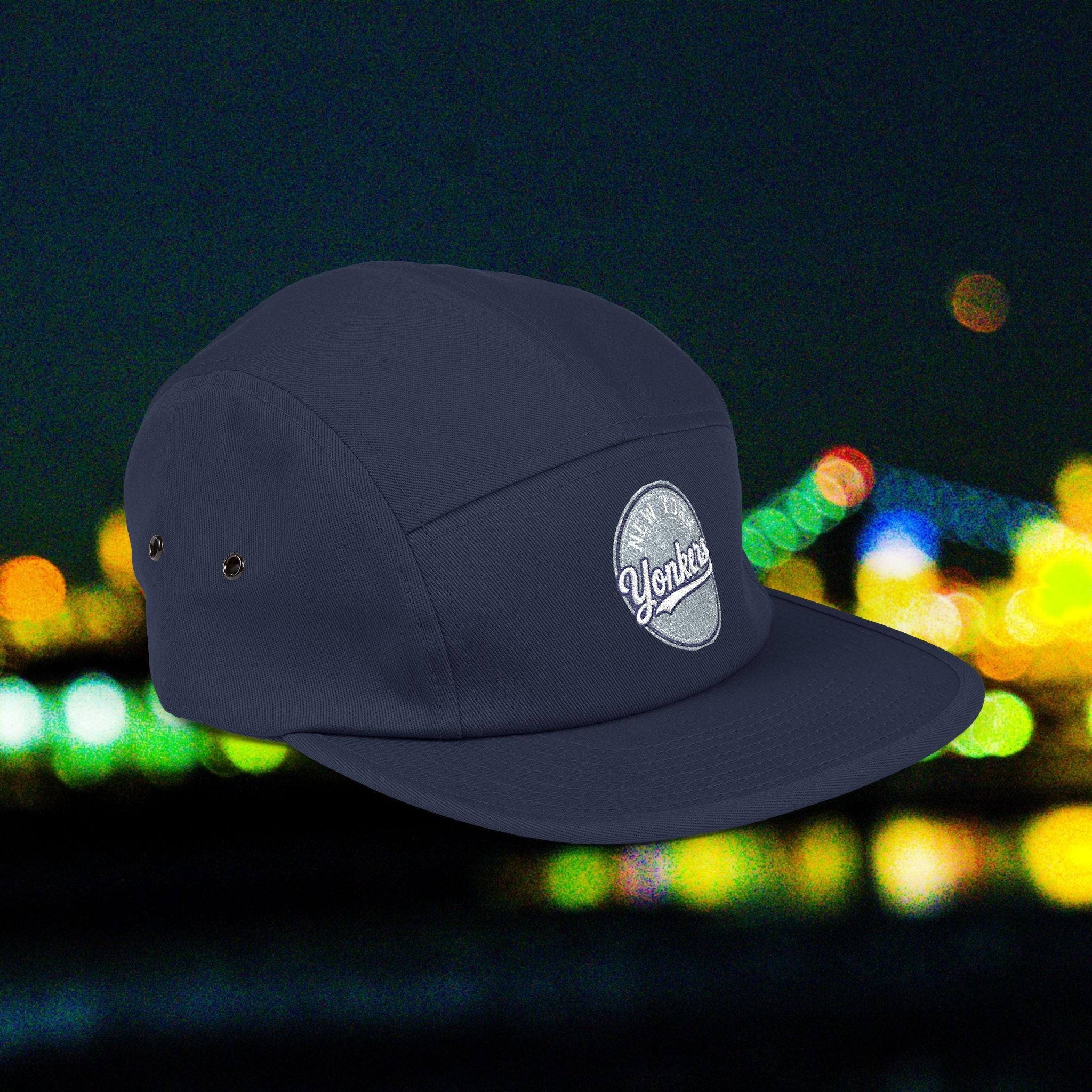 Yonkers Embroidered 5-Panel Cap — Vintage City Patch, Adjustable Khaki