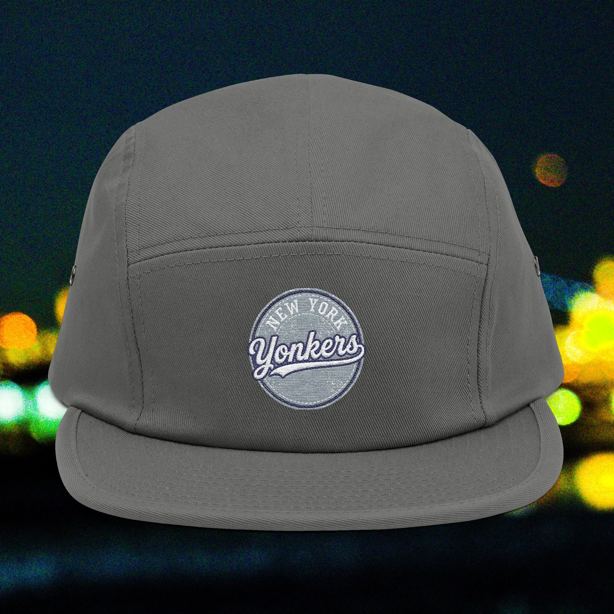Yonkers Embroidered 5-Panel Cap — Vintage City Patch, Adjustable Khaki