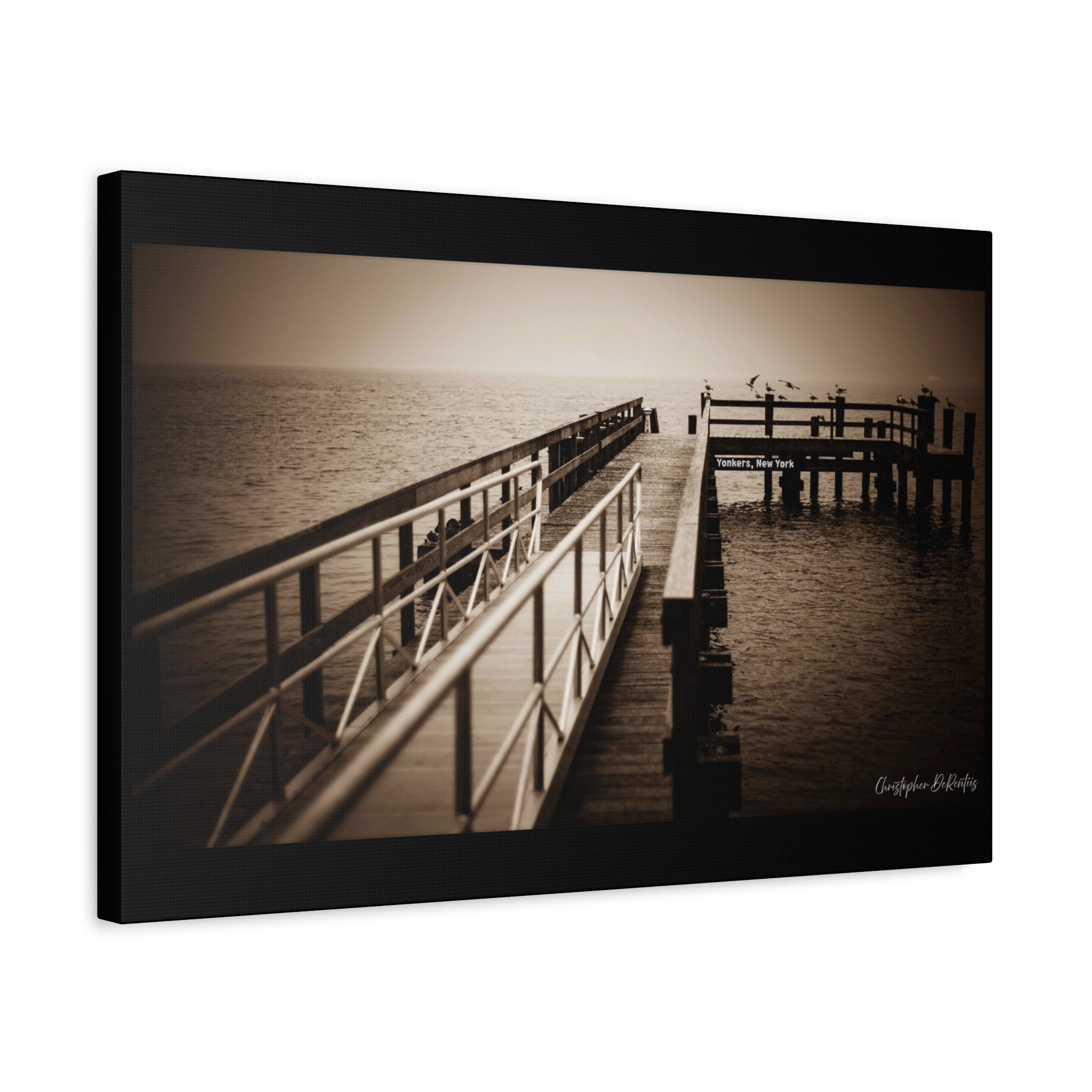 Tranquil dock leads toward a dramatic foggy horizon,  moody yet peaceful atmosphere.